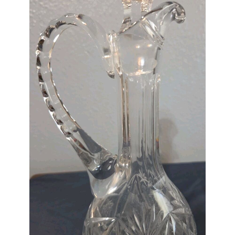 Tall 14” Ornate Crystal Glass Decanter With Handle and Stopper, Elegant - Picture 3 of 9